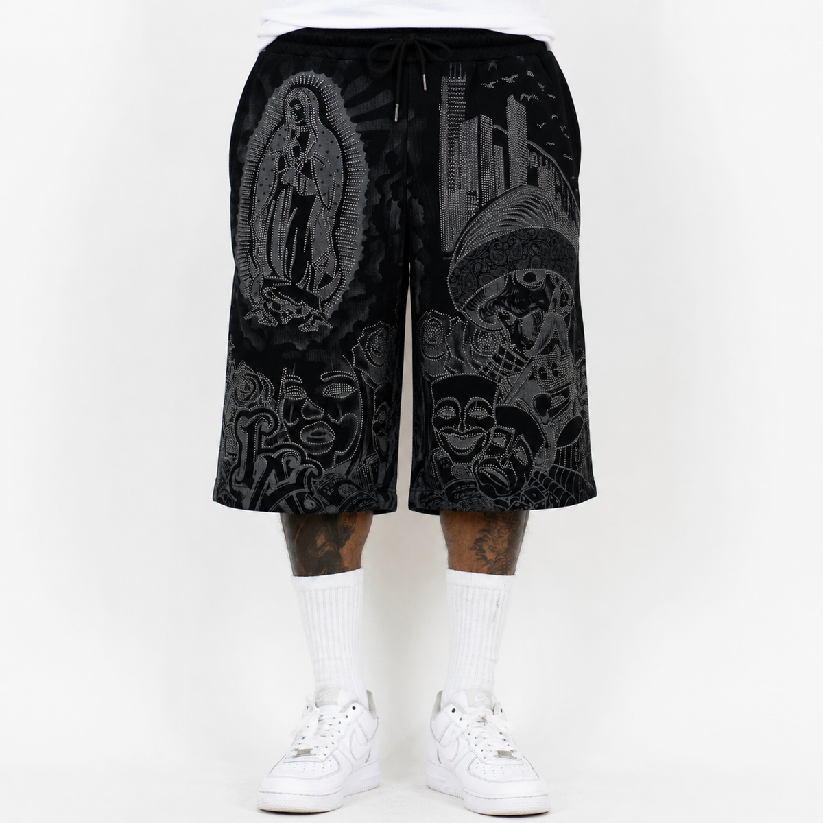 FB County Rhinestone Graffiti Baggy Fleece Shorts