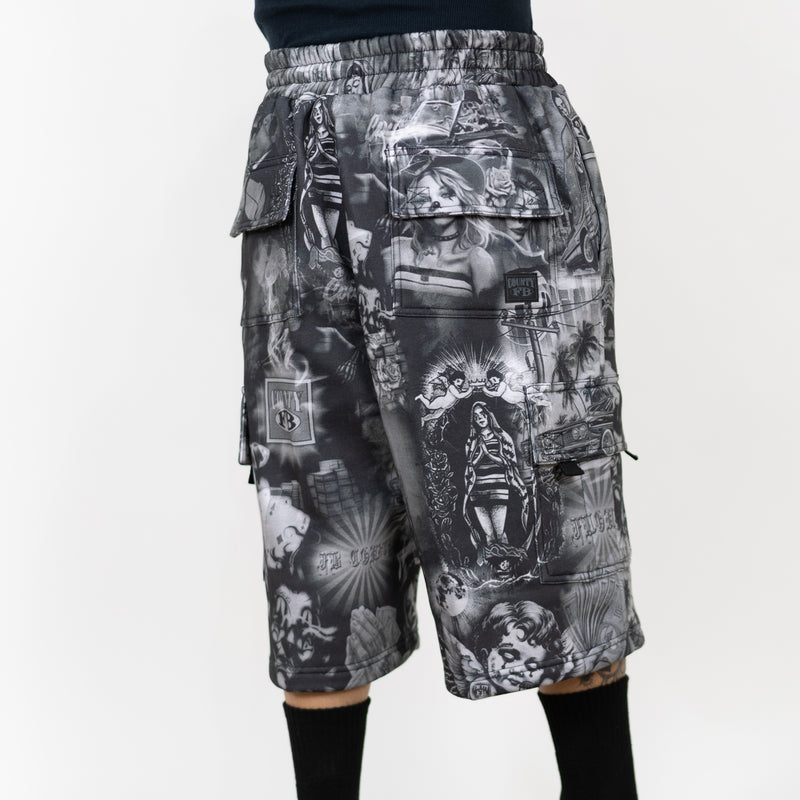 FB County Laser Print Fleece Cargo Shorts