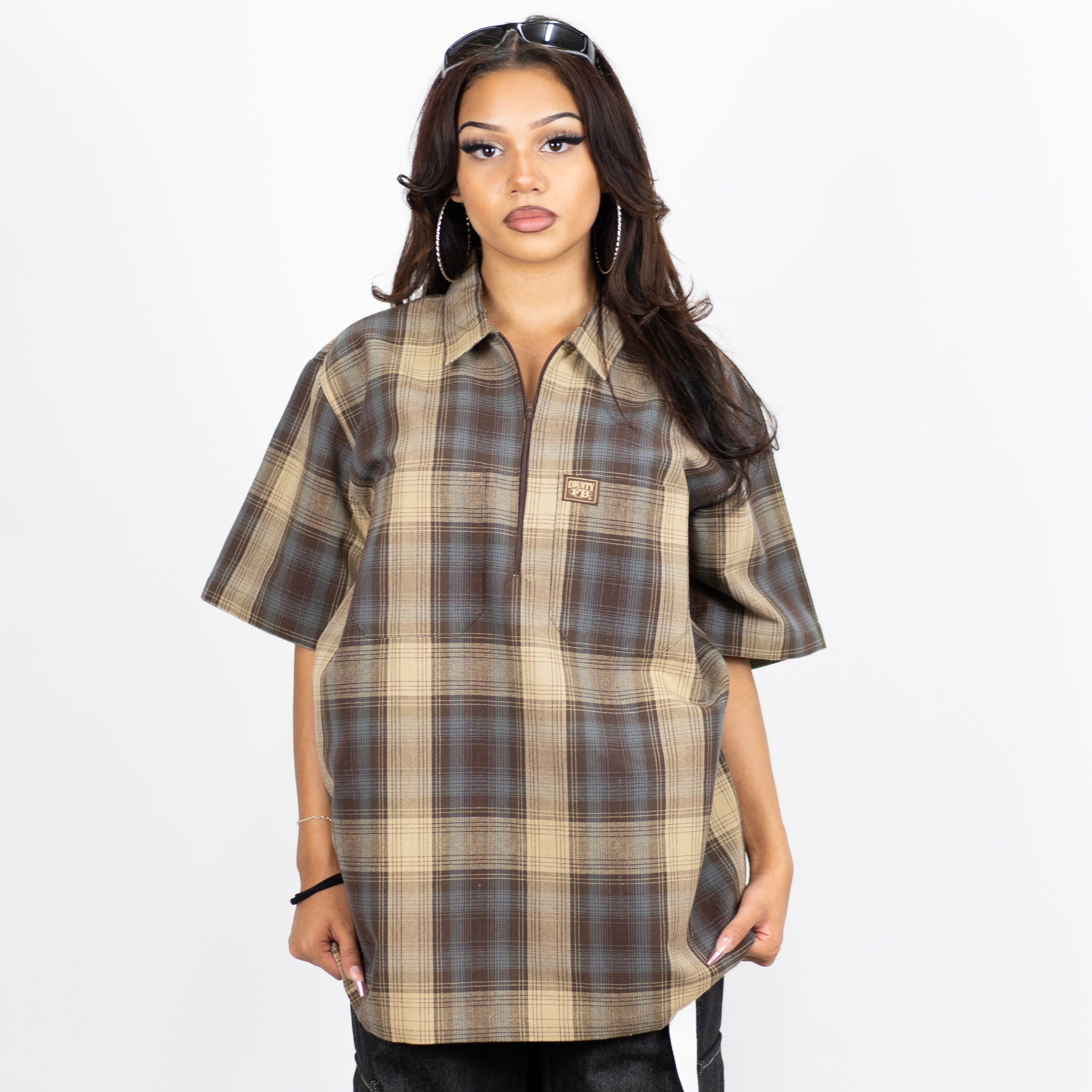 FB County Checker Brown Zip Crop Short Sleeve Shirt