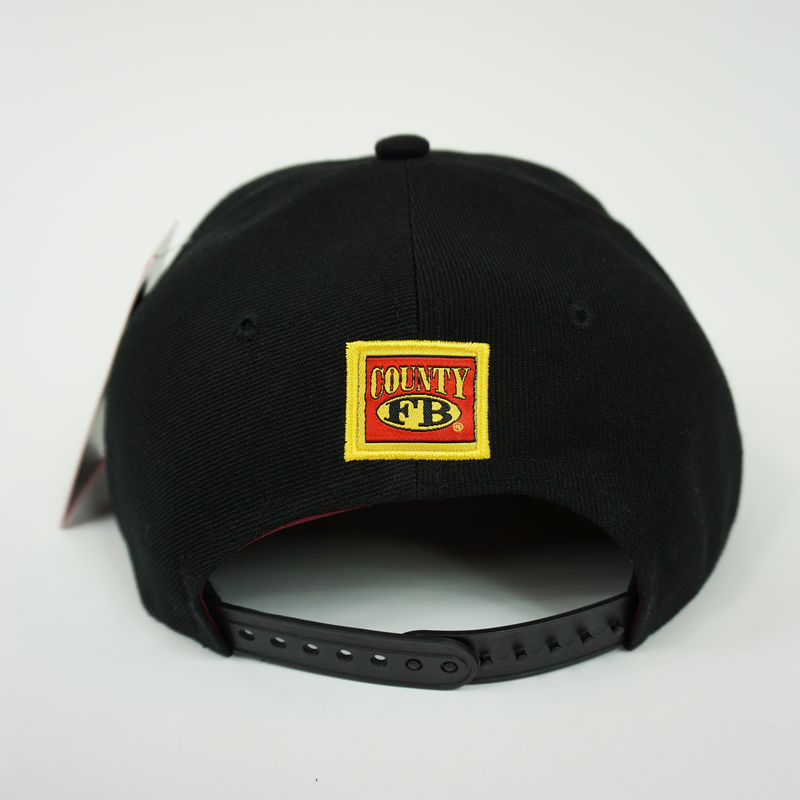 FB County Cap Back Side with FB County Embroidered Logo. Adjustable Snapback Closure. Black.