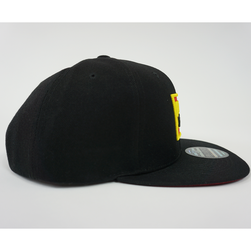 Right Side of the FB County Cap. Black Snap Back with Flat Bill. Chicano Style Cap.